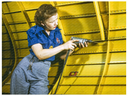 Woman Operating Hand Drill on Vengeance Dive Bomber 1943 - Available at KNOWOL