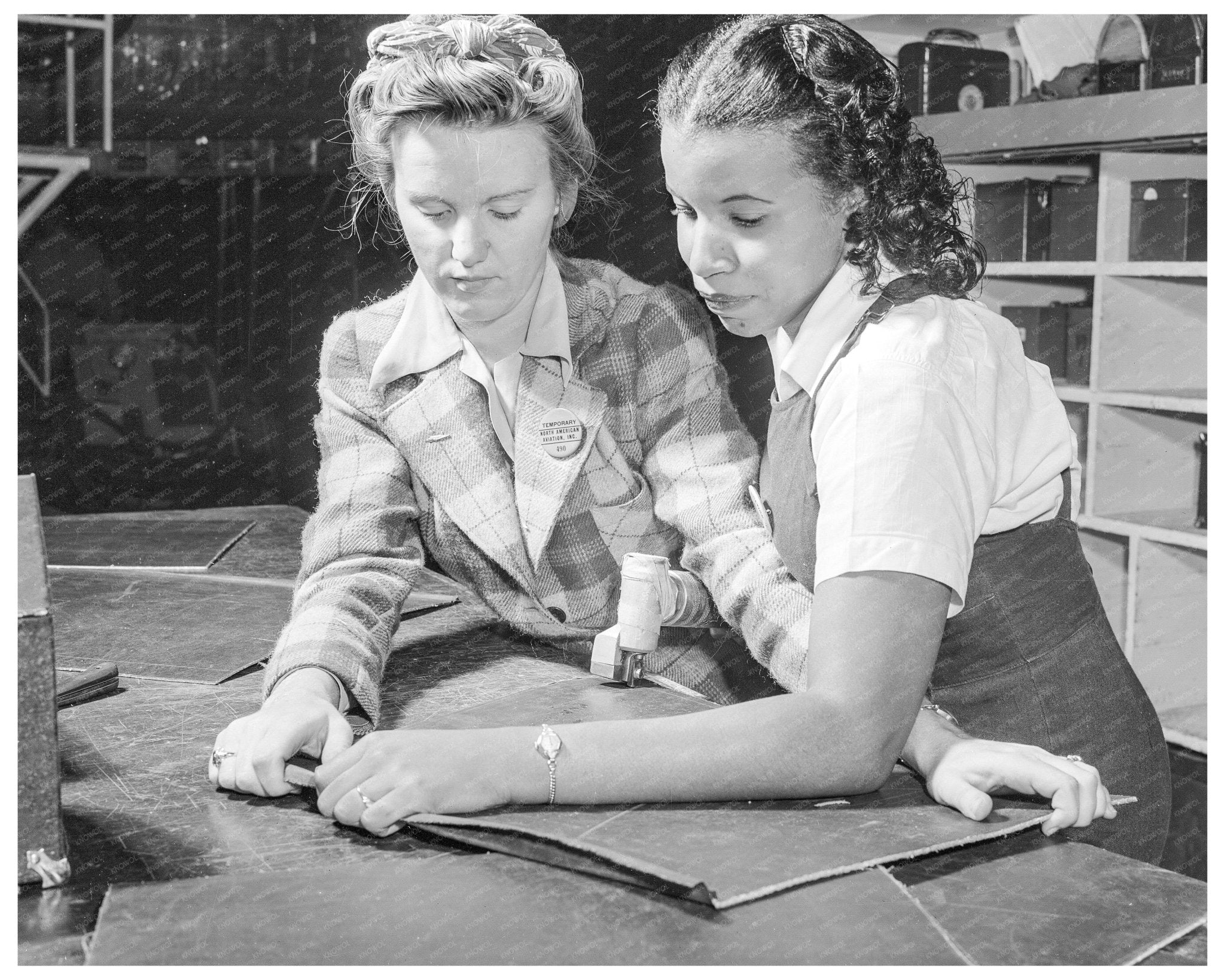 Women Cutting Sheet Metal at North American Aviation 1942 - Available at KNOWOL