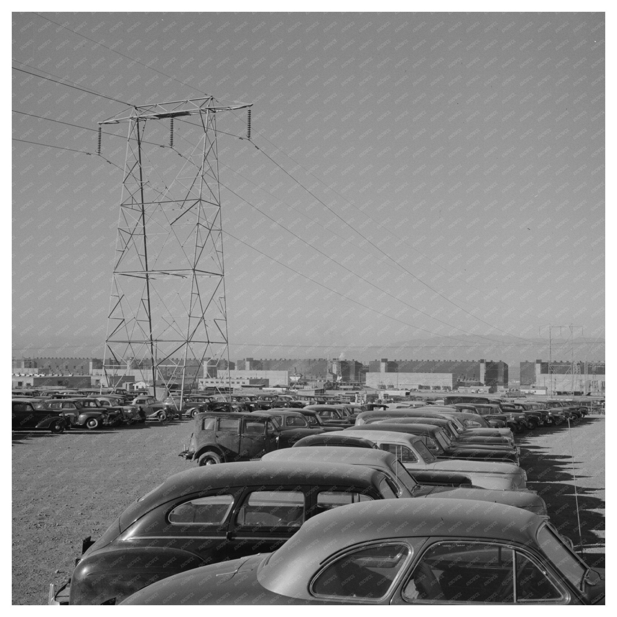 Workers Cars Under High - Tension Lines in Nevada 1942 - Available at KNOWOL