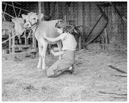 Young Girl with Calf on Pear Farm Oregon 1939 - Available at KNOWOL