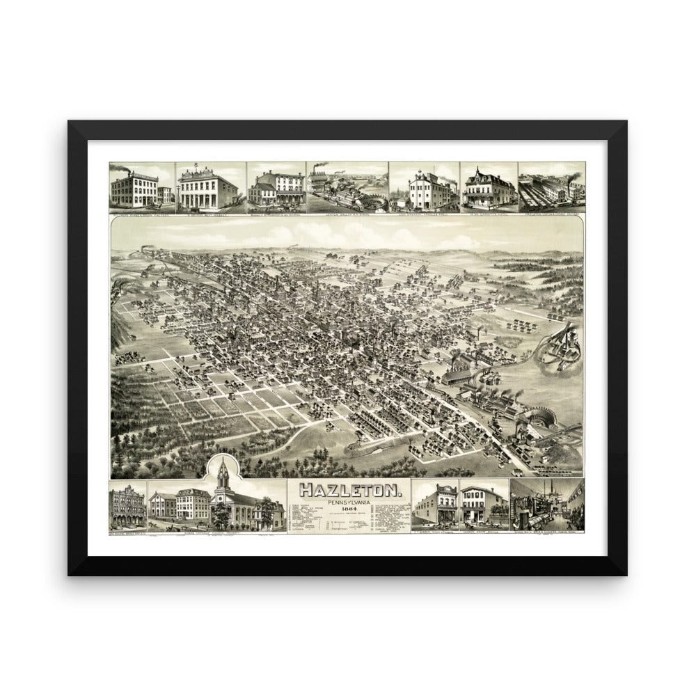 Hazleton, PA 1884 Framed Bird's Eye View Map