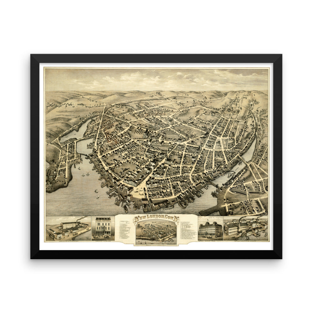 New London, CT 1876 Framed Bird's Eye View