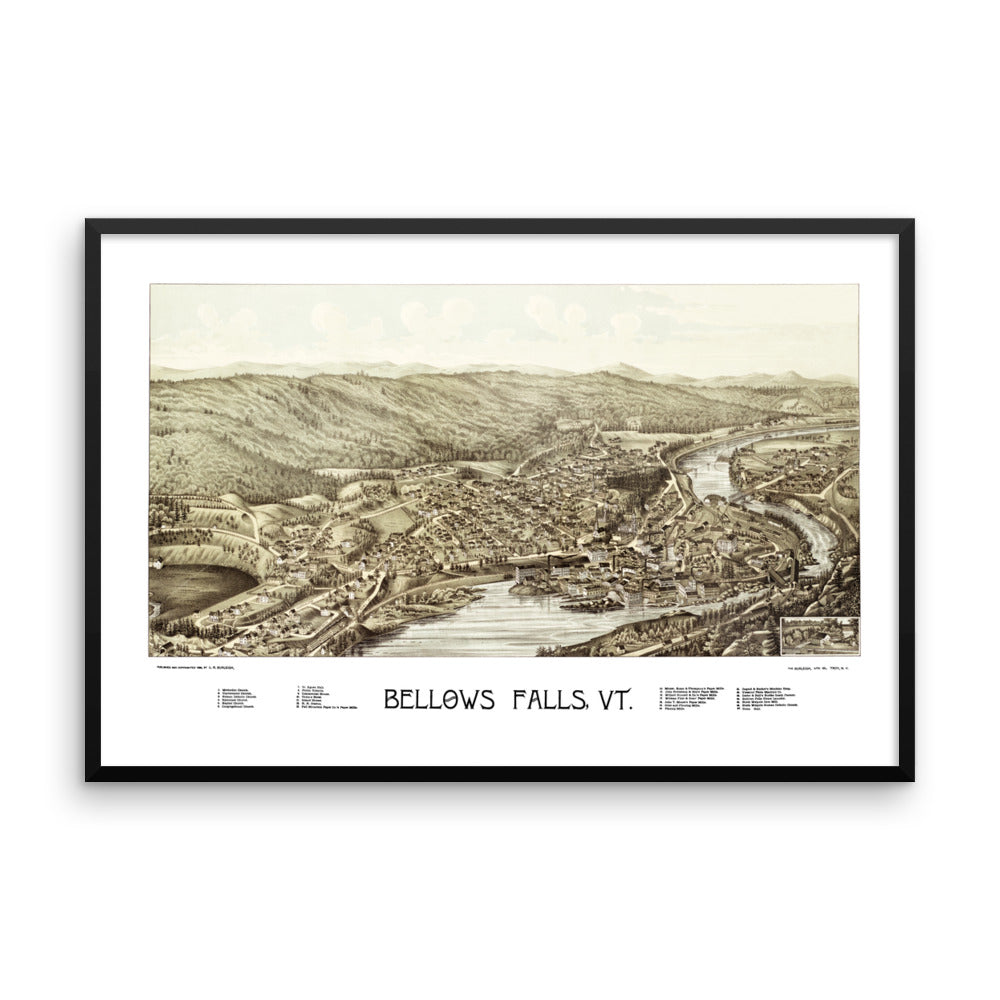 Bellows Falls, VT 1886 Framed Historic Map