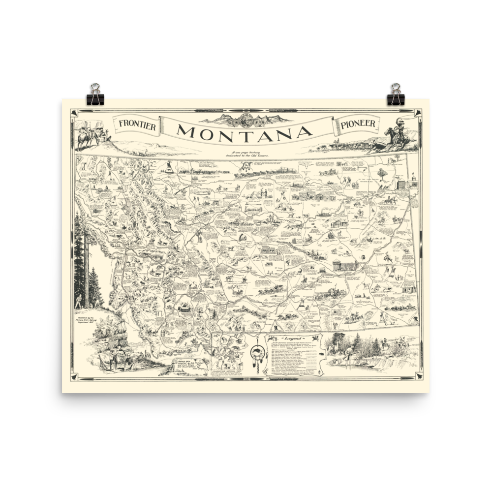 Map of Frontier Montana, a one page history dedicated to the Old Timers, 1936