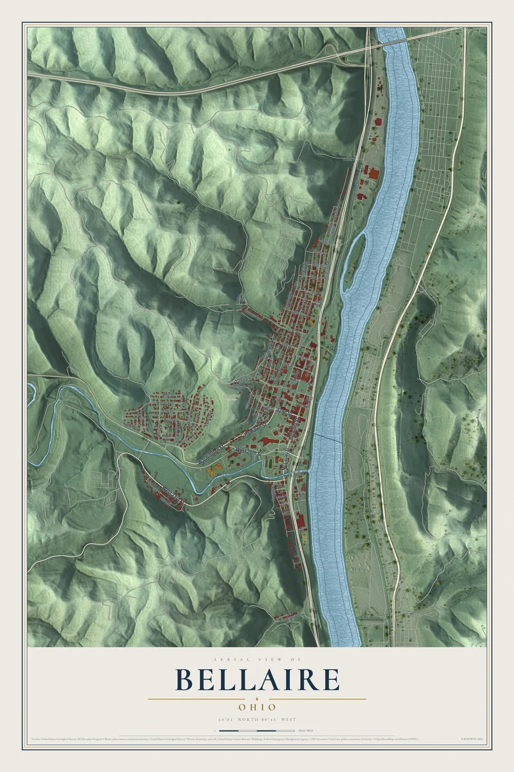 The KNOWOL map of Bellaire, Ohio: the town along the Ohio River with the hills around it shaded in green
